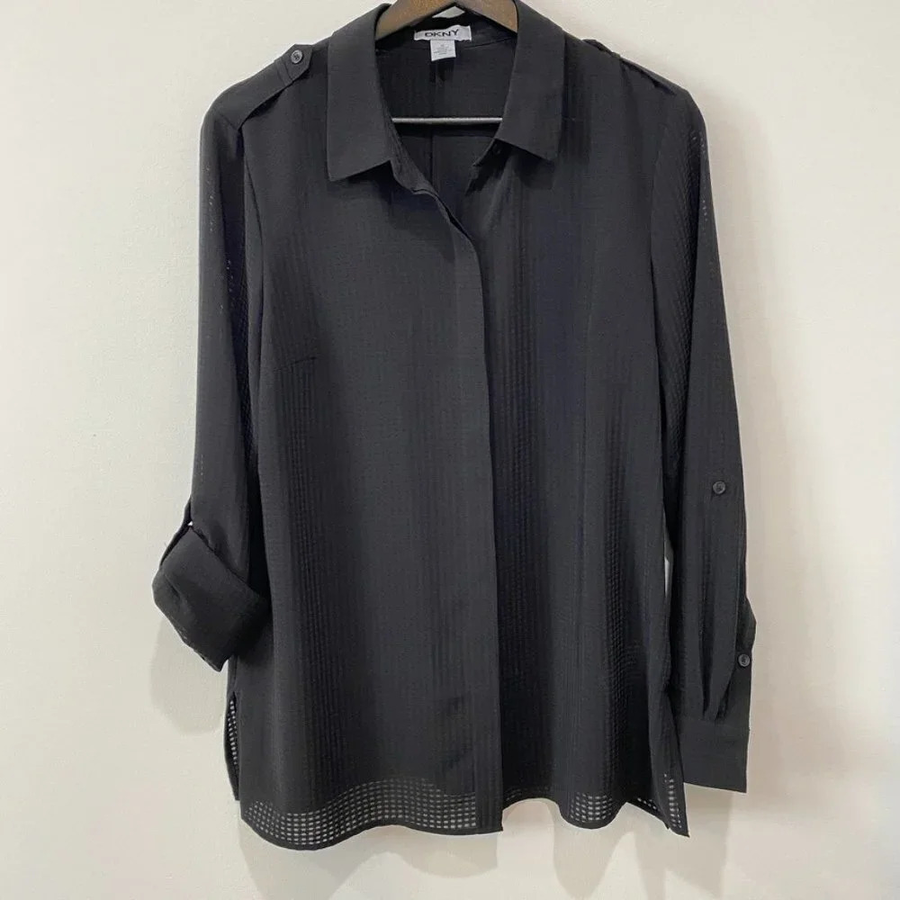 DKNY M Sheer Checkered Flowy Black Blouse with Collar Androgynous Sporty